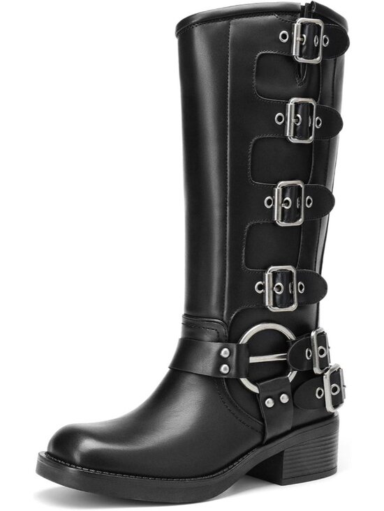 Shoes - Women's Black1 Faux Leather Adjustable Buckles Chunky Heel Riding Knee High Boot